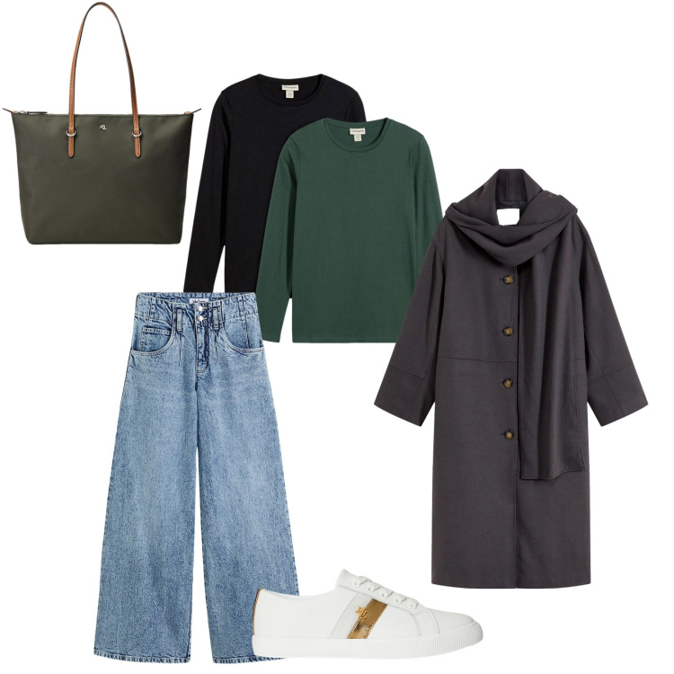 Outfit donna - City. Stile Urban per Tutti i giorni. Abbinamento con borse tote, sneakers, jeans, cappotti, maglieria.