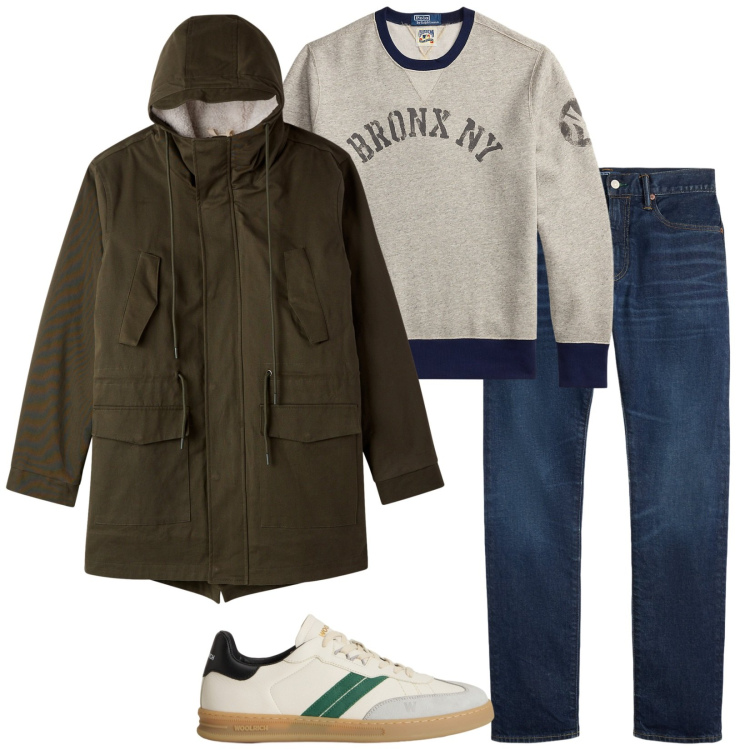 Outfit uomo - Con il parka. Stile Casual per Tutti i giorni. Abbinamento con parka, jeans, felpe, sneakers.
