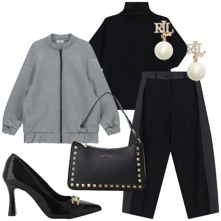 Outfit donna - Total look #2281945. Stile Glamour per Serata fuori. Abbinamento con pantaloni, maglieria, pochette, décolleté, bomber, orecchini.