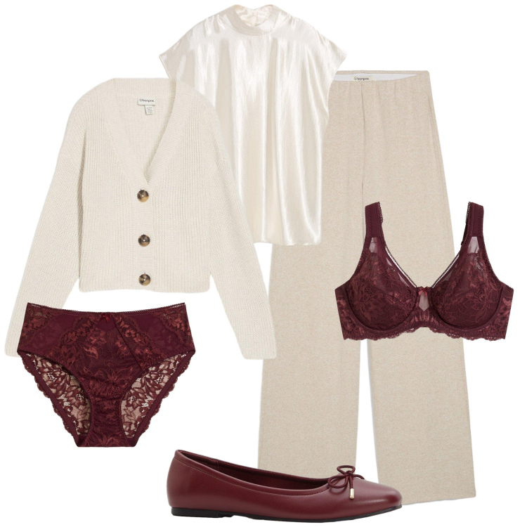 Outfit donna - Stasera si addobba l’albero. Stile Casual chic per Tutti i giorni. Abbinamento con culotte, pantaloni a palazzo, reggiseni, cardigans, ballerine, top.