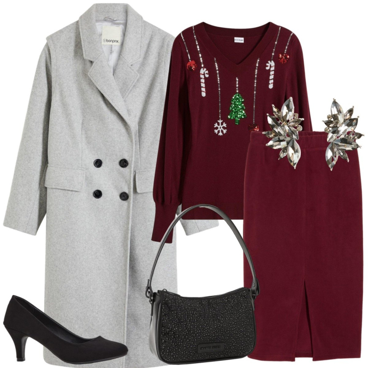 Outfit donna - Total look #2281950. Stile Glamour per Serata fuori. Abbinamento con décolleté, borse a mano, gonne longuette, maglieria, cappotti, orecchini.