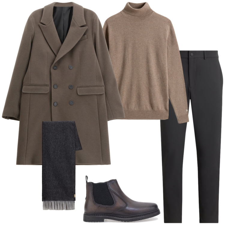 Outfit uomo - A cena in due. Stile Trendy per Serata speciale. Abbinamento con cappotti, pantaloni, maglieria, sciarpe, stivali e stivaletti.