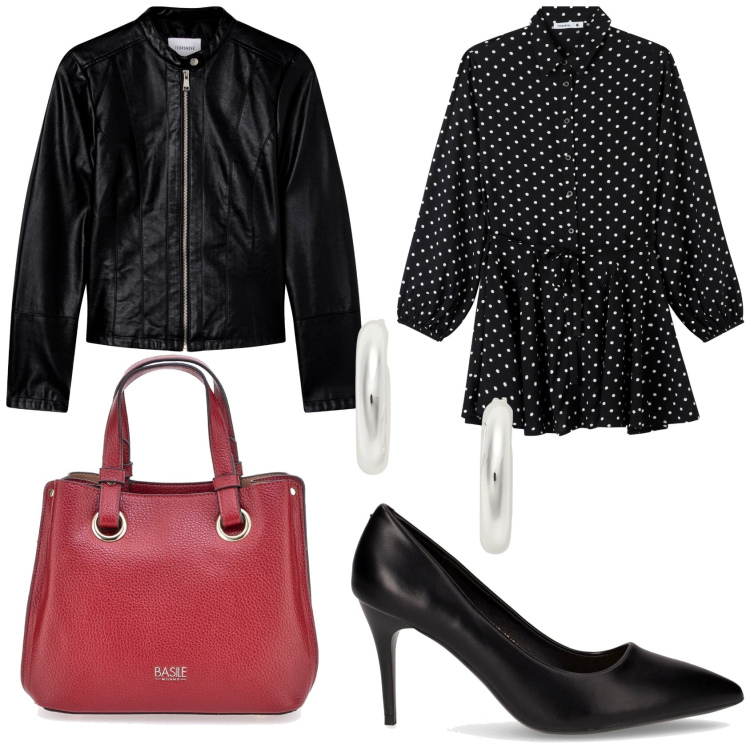 Outfit donna - Vintage chic a pois. Stile Vintage retrò per Serata fuori. Abbinamento con giacche, vestiti chemisier, orecchini, borse a mano, décolleté.