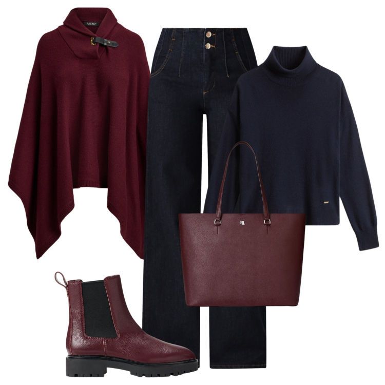 Outfit donna - Il poncho. Stile Trendy per Tutti i giorni. Abbinamento con jeans, cappotti, stivaletti chelsea, borse tote, maglieria.