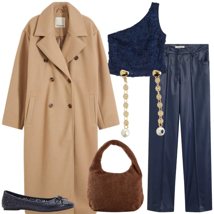 Outfit donna - Total look #2281956. Stile Chic per Serata fuori. Abbinamento con shopping bag, ballerine, top, cappotti, pantaloni, orecchini.