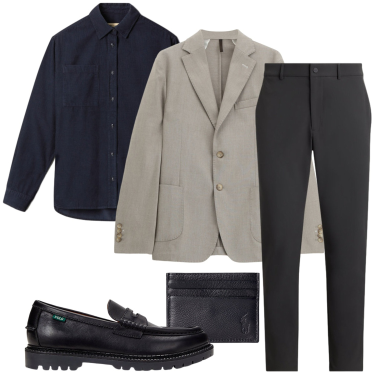 Outfit uomo - A cena fuori. Stile Business/Elegante per Serata speciale. Abbinamento con giacche, portafogli, scarpe stringate, pantaloni, camicie.