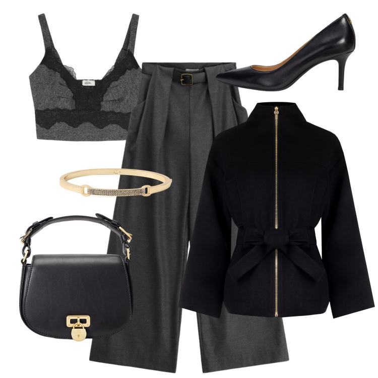 Outfit donna - Serata black & grey. Stile Chic per Serata fuori. Abbinamento con caban, top, pantaloni a palazzo, borse a tracolla, décolleté, braccialetti.