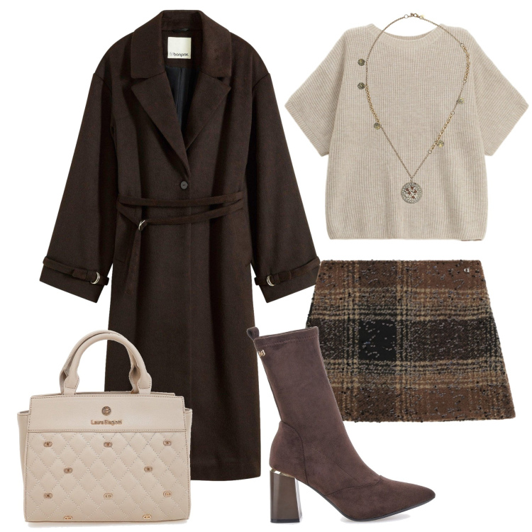 Outfit donna - Mini check e stivaletti glam. Stile Trendy per Tutti i giorni. Abbinamento con cappotti, maglieria, minigonne, ciondoli, stivaletti, borse a mano.