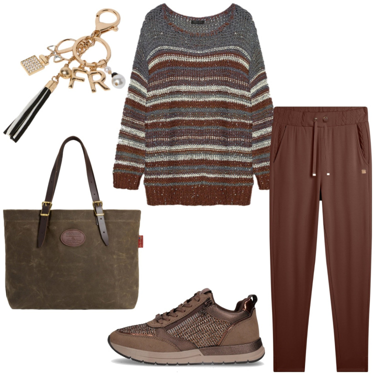 Outfit donna - Total look #2281962. Stile Casual per Tutti i giorni. Abbinamento con pantaloni, borse tote, maglieria, portachiavi, sneakers.
