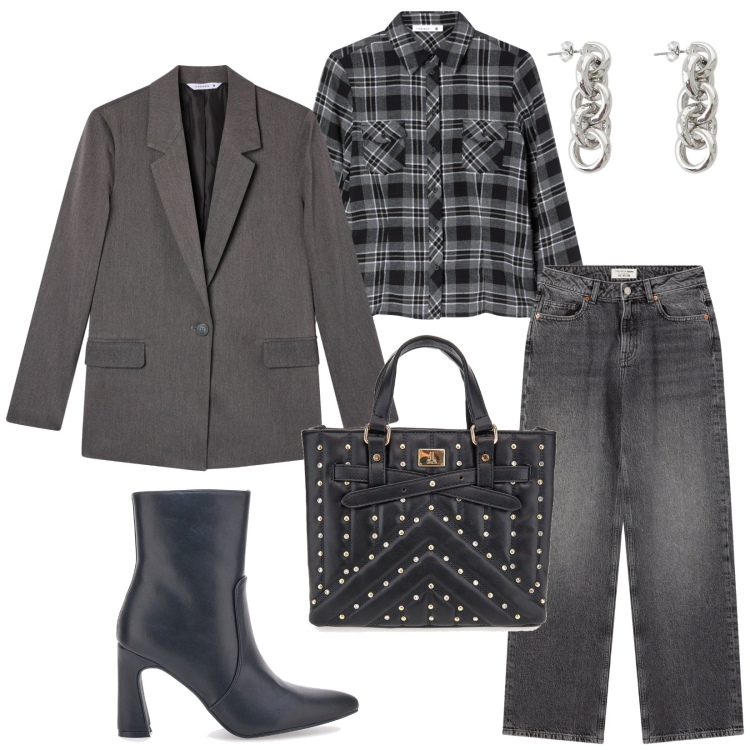 Outfit donna - Total look #2281963. Stile Casual chic per Tutti i giorni. Abbinamento con blazer, jeans, camicie, orecchini, stivaletti, borse a mano.