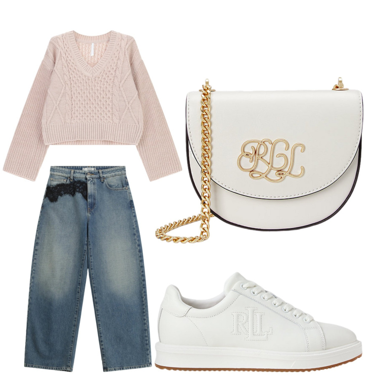 Outfit donna - Aperitivo. Stile Trendy per Tutti i giorni. Abbinamento con jeans, maglieria, sneakers, borse a tracolla.