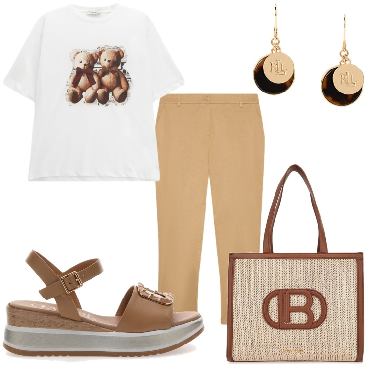 Outfit donna - Resto in giro. Stile Casual per Tutti i giorni. Abbinamento con t-shirt, orecchini, borse a spalla, sandali, pantaloni chino.