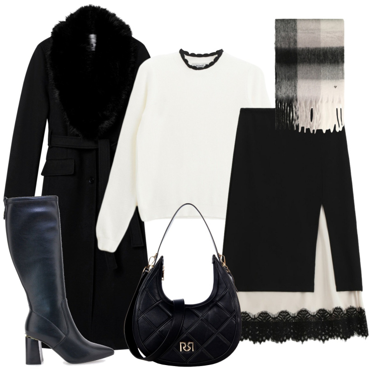 Outfit donna - Giochi di black and white. Stile Glamour per Tutti i giorni. Abbinamento con pullovers, cappotti, borse a tracolla, gonne longuette, sciarpe, stivali sopra il ginocchio.