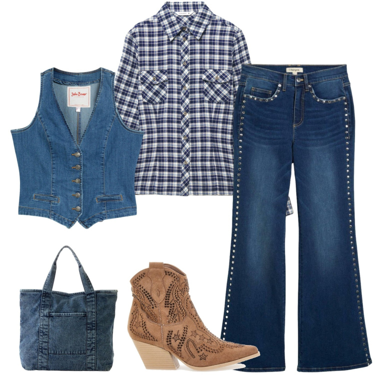 Outfit donna - Country. Stile Boho per Serata fuori. Abbinamento con jeans a zampa, gilet, shopping bag, camicie, stivaletti texani.