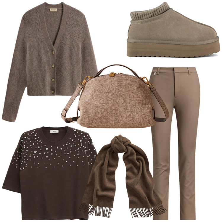 Outfit donna - Arriva il freddo. Stile Casual chic per Tutti i giorni. Abbinamento con maglieria, borse a mano, cardigans, pantaloni, sciarpe, sabot.