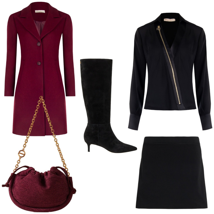 Outfit donna - Aspettando le festività. Stile Chic per Serata fuori. Abbinamento con cappotti, bluse, borse a spalla, minigonne, stivali.