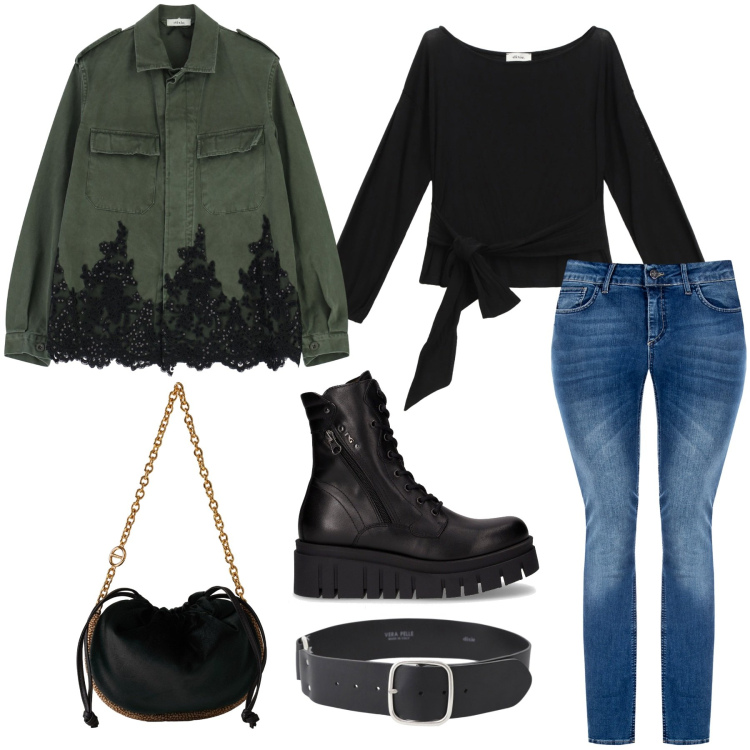 Outfit donna - Concerto / Pub. Stile Rock per Serata fuori. Abbinamento con jeans skinny, borse a spalla, camicie, top, cinture, anfibi.