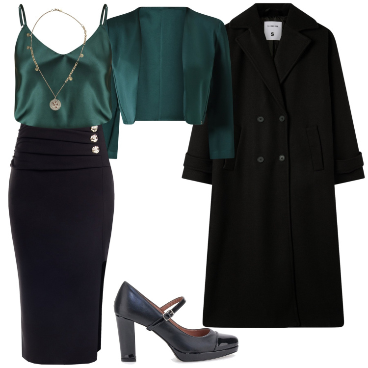 Outfit donna - Un tocco di smeraldo. Stile Chic per Serata fuori. Abbinamento con gonne, bolero, top, cappotti, ciondoli, décolleté.