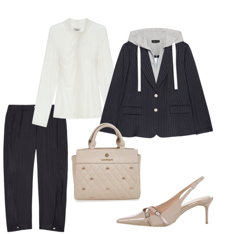 Outfit donna - Il completo gessato. Stile Bon Ton per Ufficio. Abbinamento con décolleté, top, pantaloni, blazer, borse a mano.
