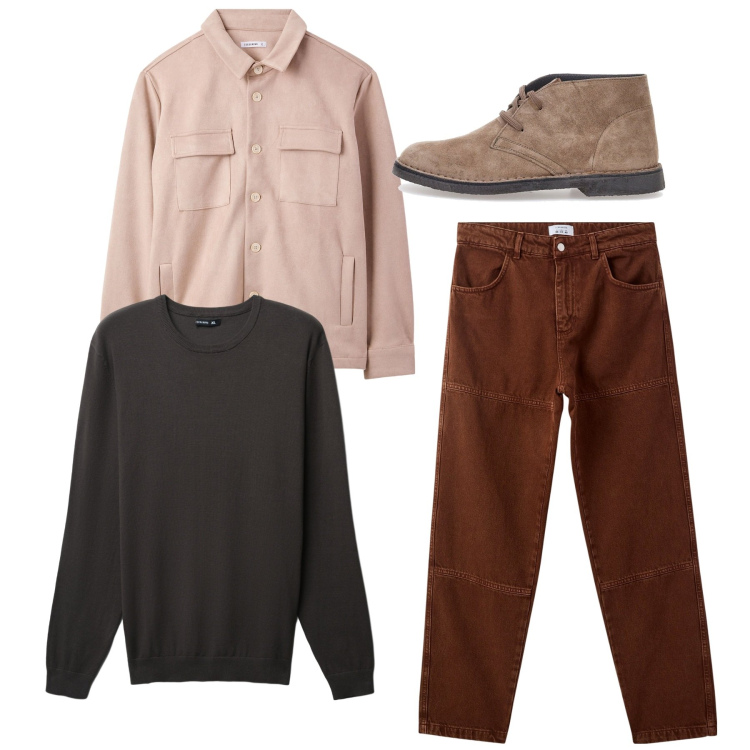 Outfit uomo - Colori caldi. Stile Casual per Tutti i giorni. Abbinamento con pantaloni, cappotti, maglieria, stivali e stivaletti.