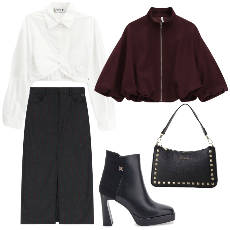 Outfit donna - Total look #2281981. Stile Mannish per Ufficio. Abbinamento con camicie, bomber, pochette, gonne longuette, stivaletti.