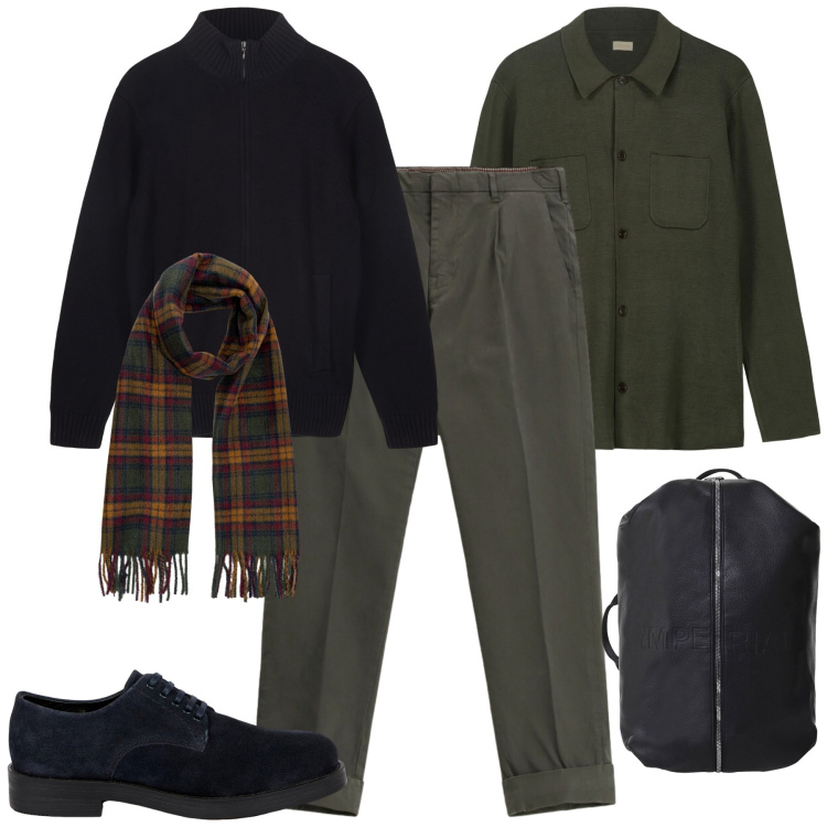 Outfit uomo - Weekend in città. Stile Casual per Tutti i giorni. Abbinamento con pantaloni chino, borse sportive, cardigans, scarpe stringate, sciarpe, cardigans.