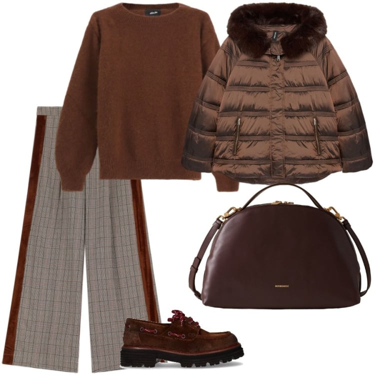 Outfit donna - Capi versatili. Stile Casual chic per Ufficio. Abbinamento con borse a mano, pantaloni a palazzo, pullovers, piumini, mocassini.