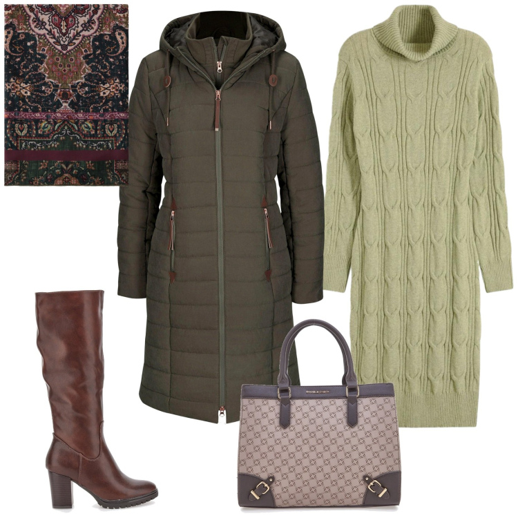 Outfit donna - Total look #2281987. Stile Casual chic per Tutti i giorni. Abbinamento con blazer, vestiti, foulard, borse a tracolla, stivali.