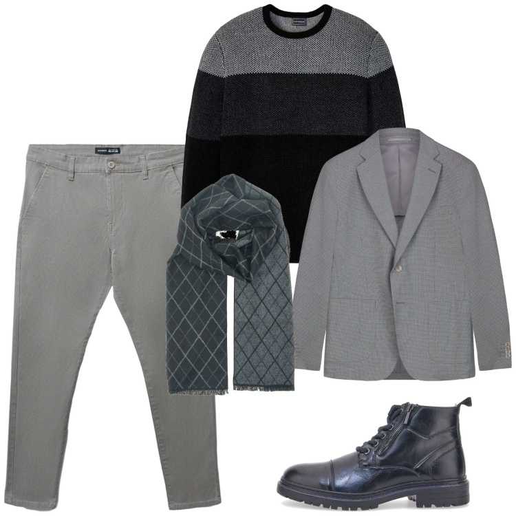Outfit uomo - Total look #2281989. Stile Business/Elegante per Ufficio. Abbinamento con maglieria, pantaloni chino, anfibi, sciarpe, giacche.
