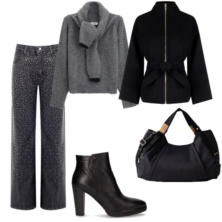 Outfit donna - Il jeans chic. Stile Casual chic per Ufficio. Abbinamento con jeans, caban, borse a mano, maglieria, stivaletti.