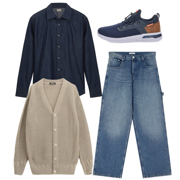 Outfit uomo - Easy. Stile Casual per Tutti i giorni. Abbinamento con jeans, cardigans, sneakers, camicie.