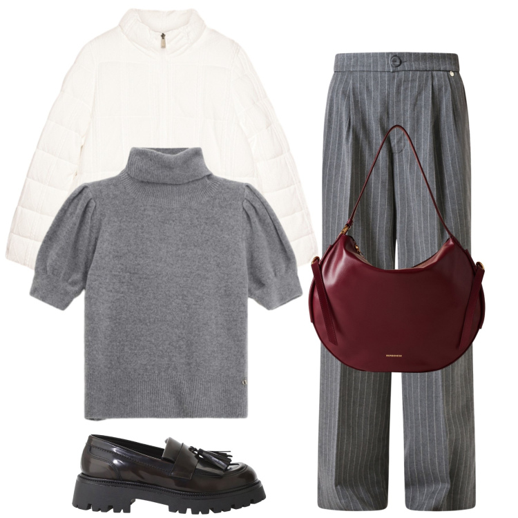 Outfit donna - Il pregio del grigio. Stile Casual chic per Ufficio. Abbinamento con pantaloni, borse a spalla, mocassini, maglieria, piumini.