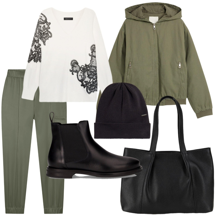 Outfit donna - Essenza urban. Stile Urban per Scuola/Università. Abbinamento con blazer, shopping bag, pantaloni cargo, berretti, maglieria, stivaletti chelsea.