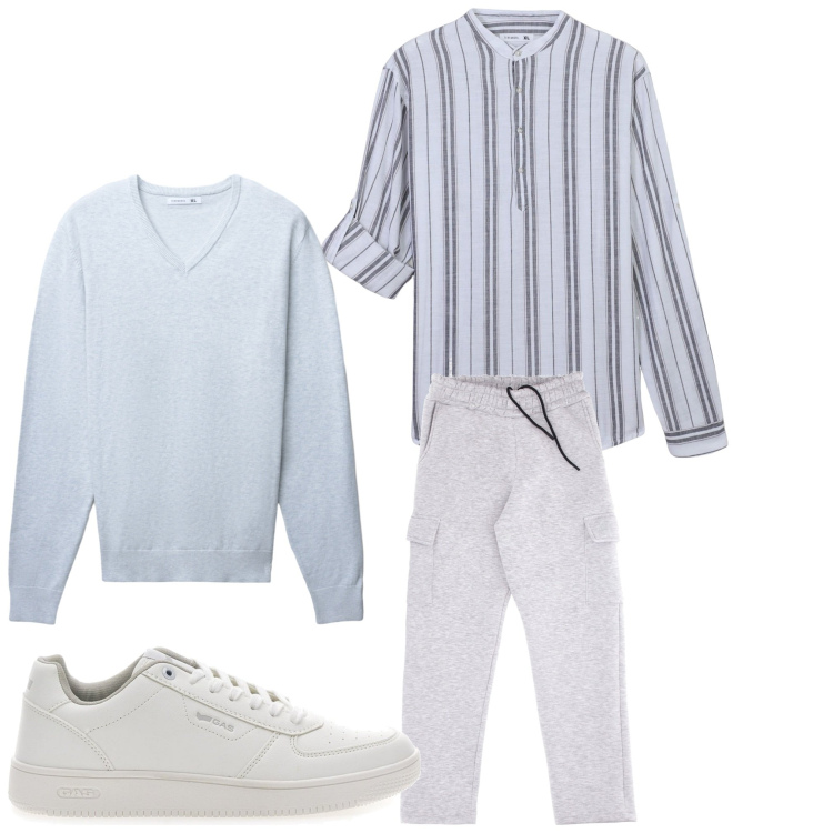 Outfit uomo - A righe. Stile Casual per Tutti i giorni. Abbinamento con camicie, maglieria, sneakers, pantaloni cargo.