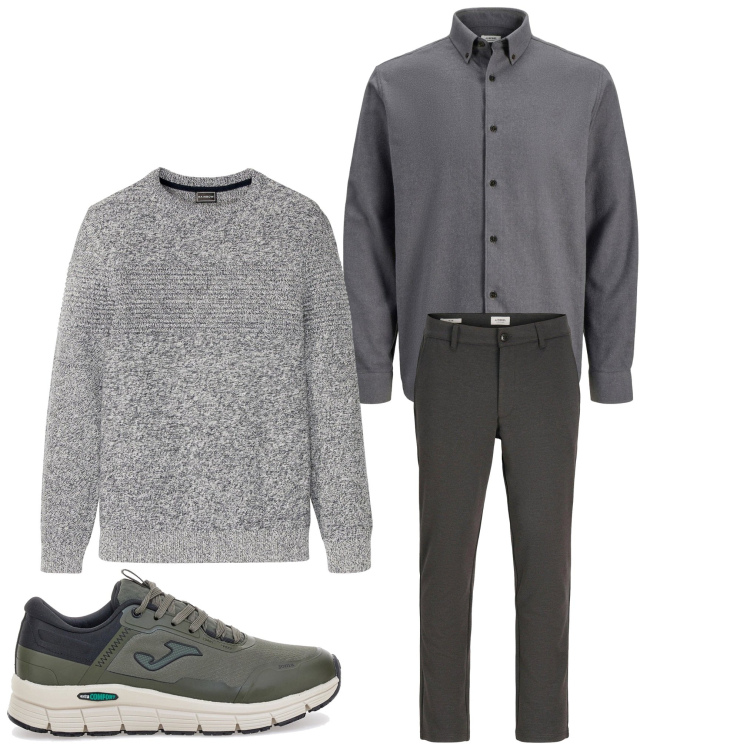 Outfit uomo - Elegante in grigio. Stile Casual per Ufficio. Abbinamento con maglieria, pantaloni chino, camicie, sneakers.