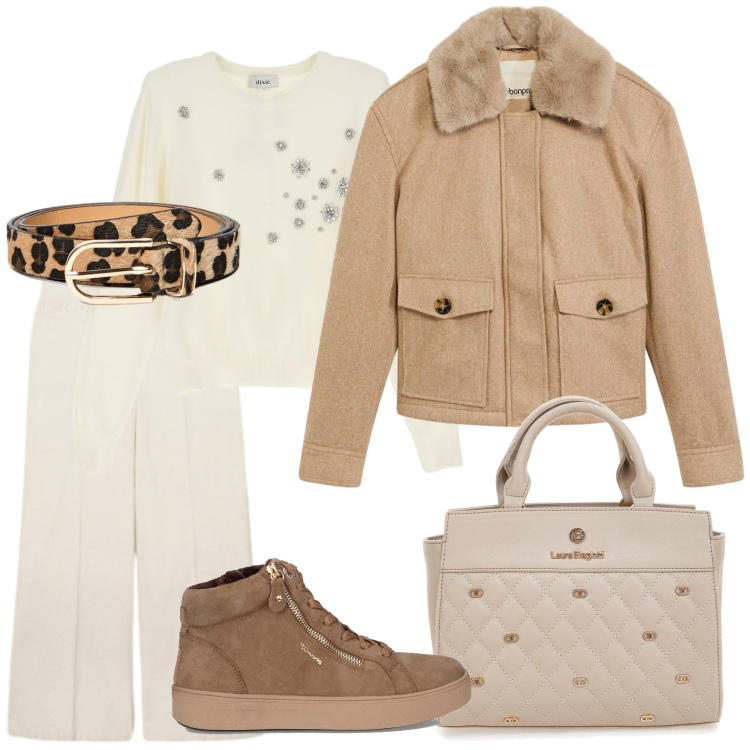 Outfit donna - Toni neutri. Stile Casual per Scuola/Università. Abbinamento con piumini, maglieria, cinture, pantaloni a palazzo, borse a mano, sneakers alte.