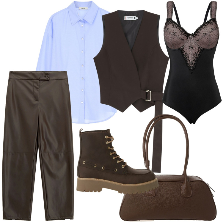 Outfit donna - Autunno con stile. Stile Glamour per Tutti i giorni. Abbinamento con body, gilet, pantaloni, camicie, stivaletti, borse a mano.