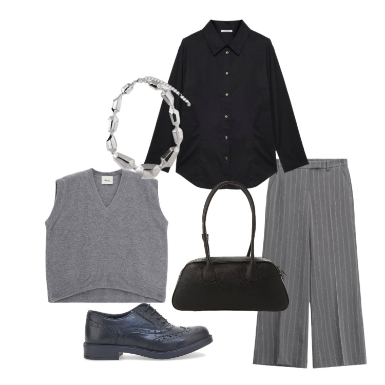 Outfit donna - Adoro il grigio. Stile Basic per Ufficio. Abbinamento con pantaloni a palazzo, maglieria, borse a mano, scarpe stringate, camicie, ciondoli.