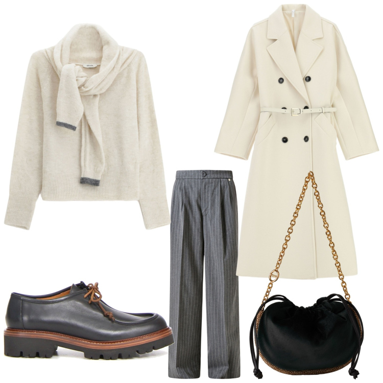 Outfit donna - Serata chic. Stile Chic per Serata fuori. Abbinamento con pantaloni, cappotti, borse a spalla, maglieria, mocassini.