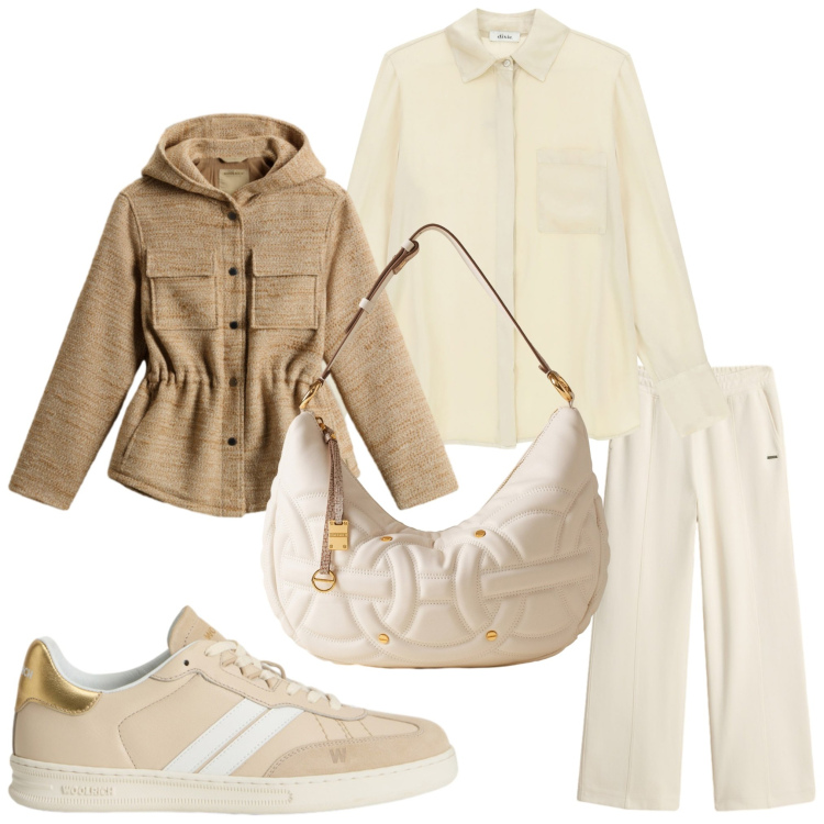 Outfit donna - Sporty chic. Stile Sporty chic per Serata fuori. Abbinamento con borse a spalla, camicie, sneakers, blazer, pantaloni.