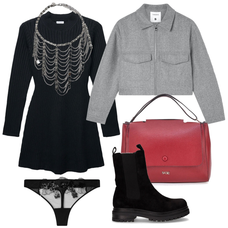 Outfit donna - Dinamica. Stile Casual chic per Scuola/Università. Abbinamento con blazer, perizomi, vestiti corti, collane, borse a tracolla, stivaletti chelsea.