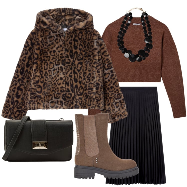 Outfit donna - Il capospalla avvolgente. Stile Casual per Ufficio. Abbinamento con ecopellicce, maglieria, gonne lunghe, borse a tracolla, stivaletti chelsea, collane.