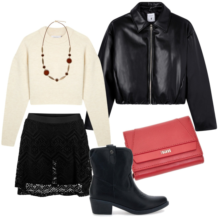 Outfit donna - Silhouette moderne. Stile Minimal per Serata fuori. Abbinamento con gonne, giacche, maglieria, stivaletti texani, collane, portafogli.