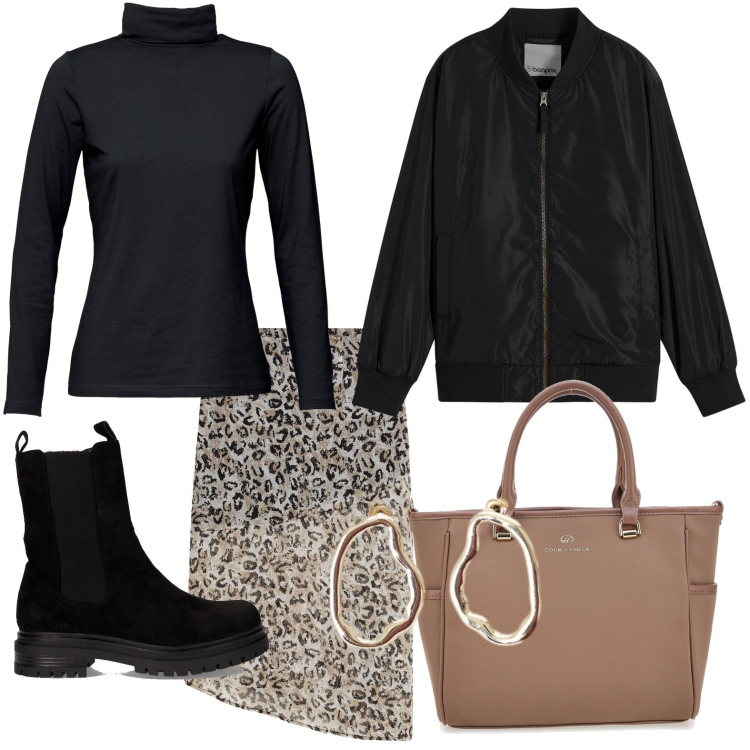 Outfit donna - Giornata dinamica. Stile Casual chic per Ufficio. Abbinamento con maglieria, gonne longuette, bomber, orecchini, borse a tracolla, stivaletti chelsea.