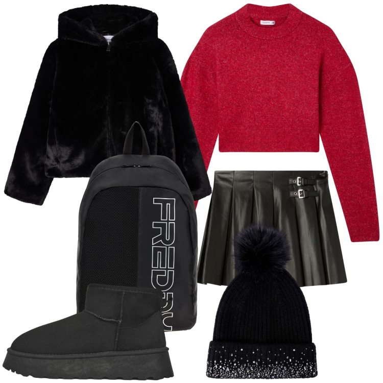 Outfit donna - Linee morbide. Stile Rock per Scuola/Università. Abbinamento con minigonne, ecopellicce, maglieria, stivaletti, berretti, zaini.