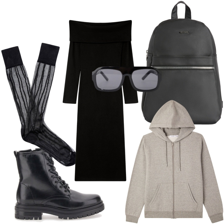 Outfit donna - Sportiva. Stile Sporty chic per Tutti i giorni. Abbinamento con vestiti lunghi, felpe con cappuccio, occhiali da sole, zaini, anfibi, calzini.