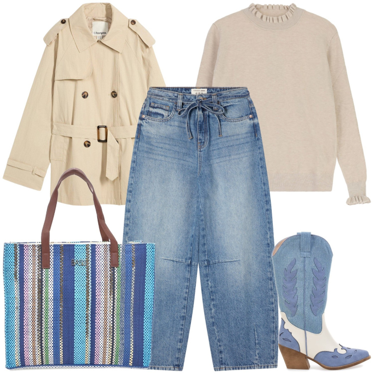 Outfit donna - Originale stivaletto un po’ country. Stile Casual chic per Tutti i giorni. Abbinamento con trench, jeans, maglieria, shopping bag, stivaletti texani.