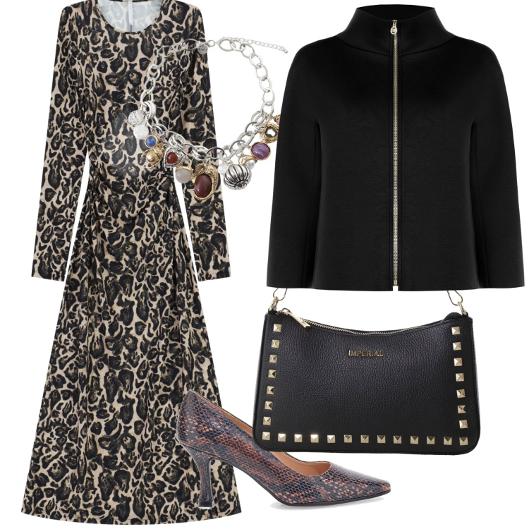 Outfit donna - Un abito grintoso e chic per cena. Stile Trendy per Serata fuori. Abbinamento con cappe, vestiti lunghi, pochette, braccialetti con ciondoli, décolleté.