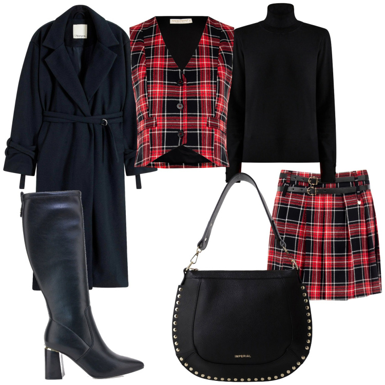 Outfit donna - Scozzese per tutto il giorno. Stile Trendy per Tutti i giorni. Abbinamento con cappotti, minigonne, gilet, maglieria, borse a spalla, stivali sopra il ginocchio.