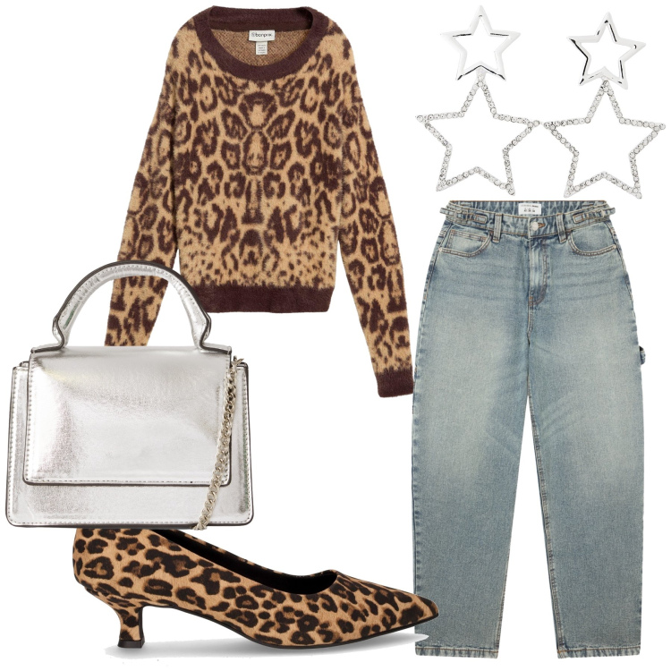 Outfit donna - Animalier sotto le stelle. Stile Glamour per Serata fuori. Abbinamento con maglieria, orecchini, borse a tracolla, jeans, décolleté.